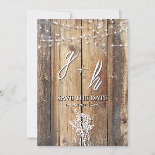 Rustic Wood String Lights Mason Jar Save the Dates セーブザデート (正面)
