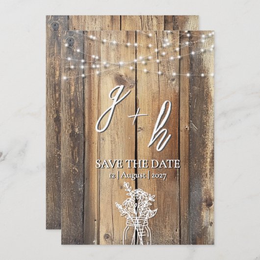 Rustic Wood String Lights Mason Jar Save the Dates セーブザデート (正面/裏面)