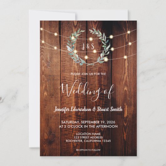 Rustic wood string lights monogram country Wedding 招待状 (正面)