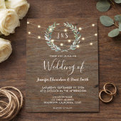 Rustic wood string lights monogram country Wedding 招待状