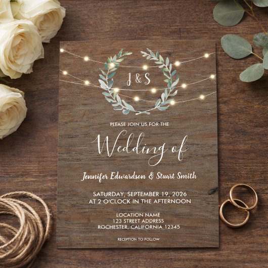 Rustic wood string lights monogram country Wedding 招待状