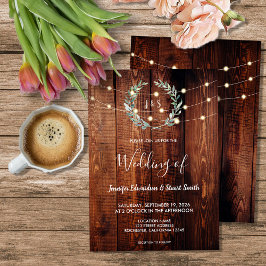 Rustic wood string lights monogram country Wedding 招待状