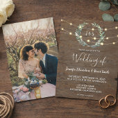 Rustic wood string lights monogram photo Wedding 招待状