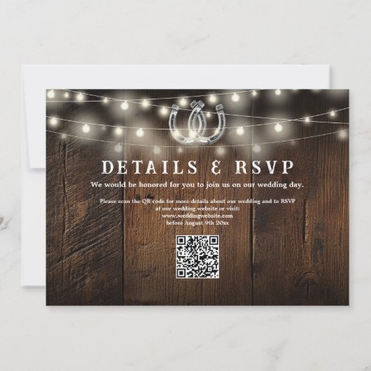 Rustic Wood String Lights Photo QR Code Wedding 招待状 (裏面)