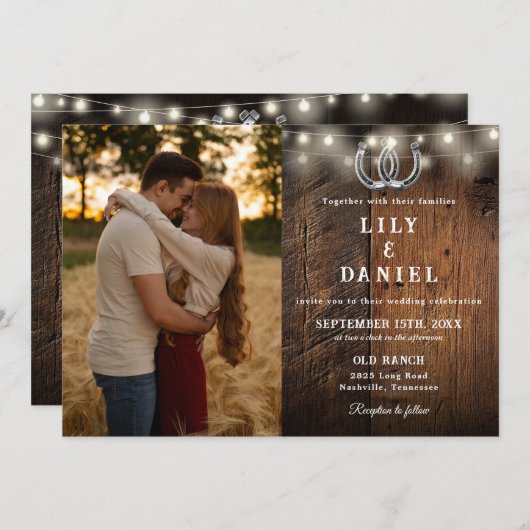 Rustic Wood String Lights Photo QR Code Wedding 招待状 (正面/裏面)