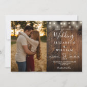 Rustic Wood String Lights Photo QR code Wedding 招待状 (正面)