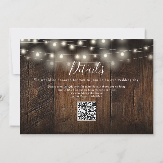 Rustic Wood String Lights Photo QR code Wedding 招待状 (裏面)