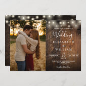 Rustic Wood String Lights Photo QR code Wedding 招待状 (正面/裏面)
