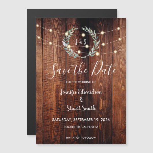 Rustic wood string lights Save the Date マグネット招待状 (正面/裏面)
