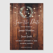 Rustic wood string lights Save the Date マグネット招待状 (正面)