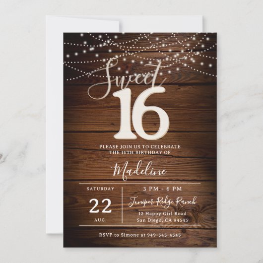 Rustic Wood String Lights Script Elegant Sweet 16 招待状 (正面)