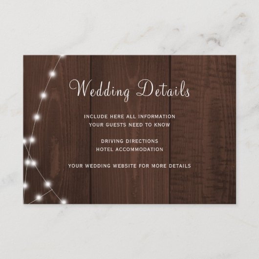 Rustic wood string lights wedding guest details エンクロージャーカード (正面)