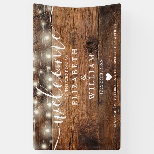 Rustic Wood String Lights Wedding Welcome 横断幕 (縦)