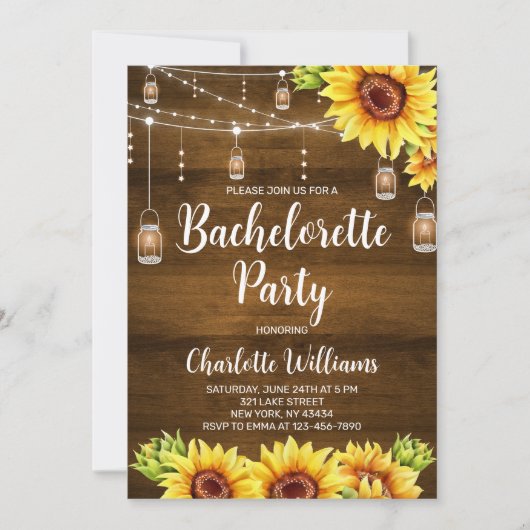 Rustic Wood Sunflower Bachelorette Party 招待状 (正面)