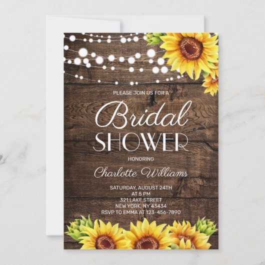 Rustic Wood Sunflower Bridal Shower 招待状 (正面)