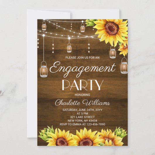 Rustic Wood Sunflower Engagement Party 招待状 (正面)