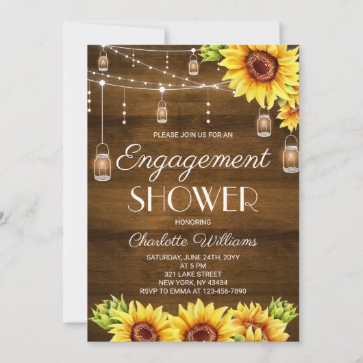 Rustic Wood Sunflower Engagement Shower 招待状 (正面)
