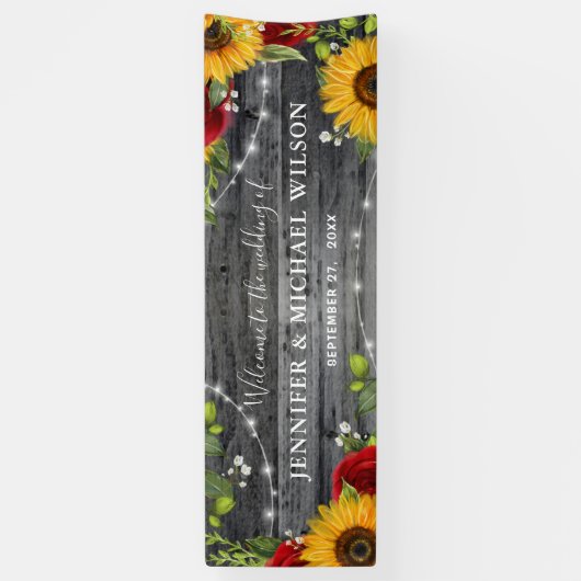 Rustic Wood Sunflower Red Rose Welcome Wedding 横断幕 (縦)