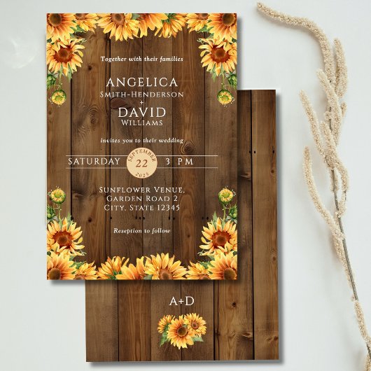 Rustic Wood Sunflower Wedding Invitation 招待状