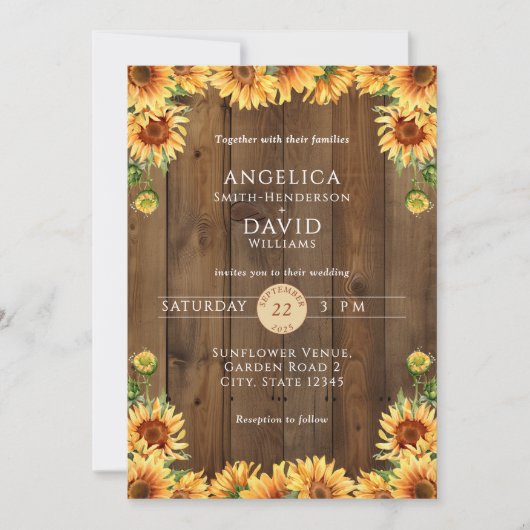 Rustic Wood Sunflower Wedding Invitation 招待状 (正面)