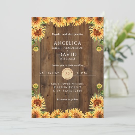 Rustic Wood Sunflower Wedding Invitation 招待状 (スタンド正面)