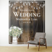 Rustic Wood Texture Floral Lights Welcome Wedding タペストリー (インサイチュ)