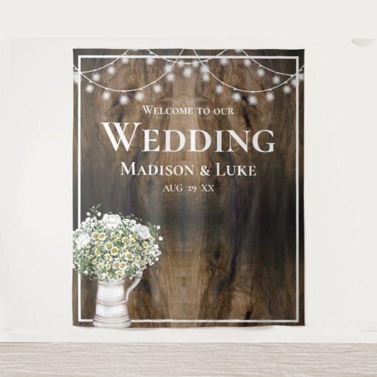 Rustic Wood Texture Floral Lights Welcome Wedding タペストリー (正面)