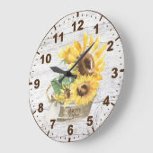 Rustic Wood Watercolor Yellow Sunflowers ラージ壁時計 (傾斜)