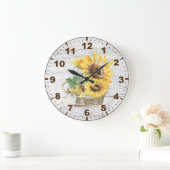Rustic Wood Watercolor Yellow Sunflowers ラージ壁時計 (ホーム)