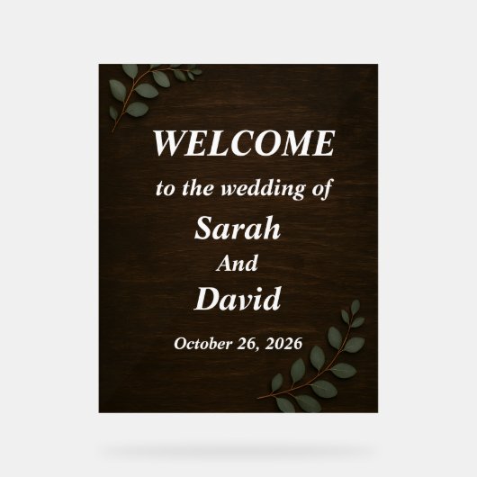 Rustic Wood Wedding Welcome Sign with Eucalyptus L アクリルサイン (正面)