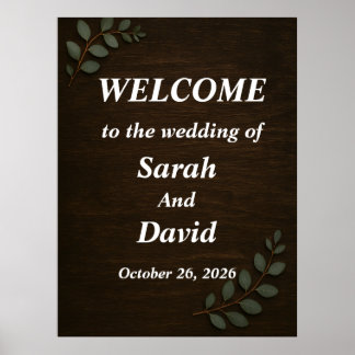 Rustic Wood Wedding Welcome Sign with Eucalyptus L ポスター