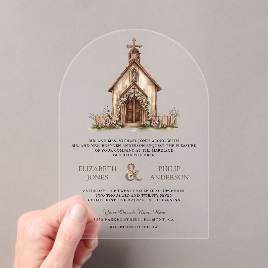 Rustic Wood Western Chapel Wedding アクリル招待状 (インサイチュ (ポータブル))