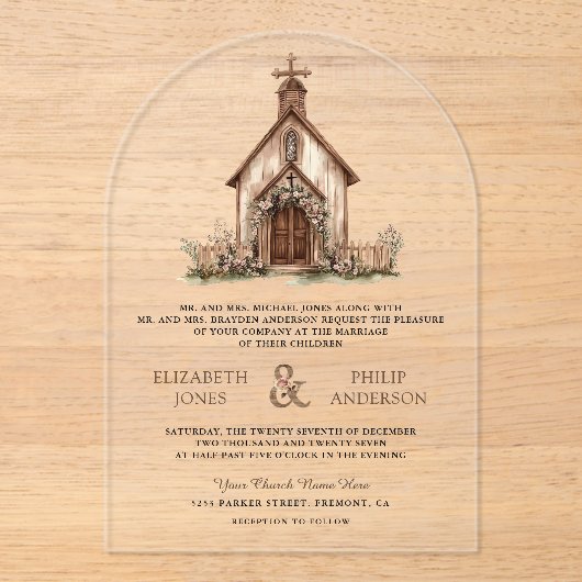 Rustic Wood Western Chapel Wedding アクリル招待状 (正面)