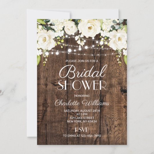 Rustic Wood White Floral Bridal Shower 招待状 (正面)