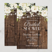 Rustic Wood White Floral Bridal Shower 招待状 (正面/裏面)