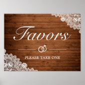 Rustic Wood & White Lace Favors Wedding Sign ポスター (正面)