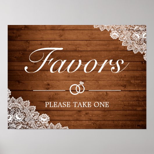Rustic Wood & White Lace Favors Wedding Sign ポスター (正面)