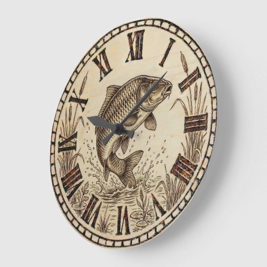 Rustic Woodburned Fish Wall Clock ラージ壁時計 (傾斜)