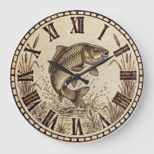 Rustic Woodburned Fish Wall Clock ラージ壁時計 (正面)