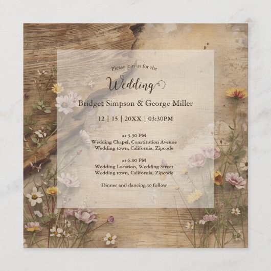 Rustic Wooden Bohemian Floral Wedding all in one  招待状 (正面)