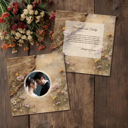 Rustic Wooden Bohemian Floral Wedding photo サンキューカード