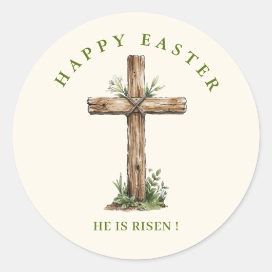 Rustic Wooden Cross He is risen Easter ラウンドシール (正面)