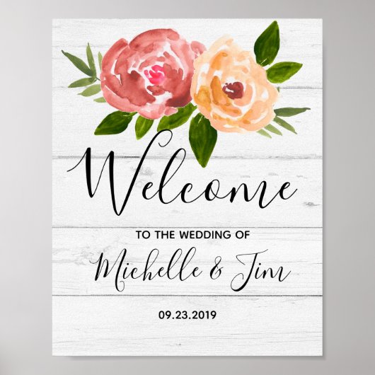 Rustic wooden floral wedding welcome sigh ポスター (正面)