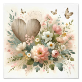Rustic Wooden Heart Floral Watercolor Botanical フォトプリント