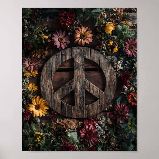 Rustic wooden peace sign with wildflowers ポスター (正面)
