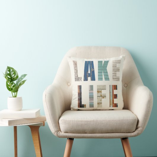 Rustic Wooden Planks "LAKE LIFE" Throw Pillow クッション (椅子)