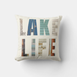 Rustic Wooden Planks "LAKE LIFE" Throw Pillow クッション