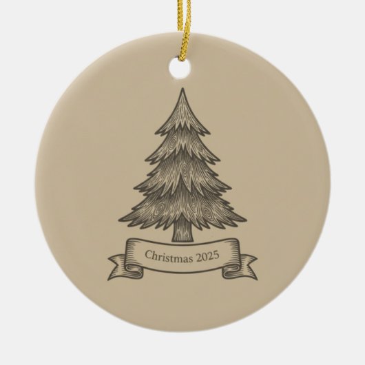 Rustic Wooden Tree Illustration Christmas Decor セラミックオーナメント (正面)