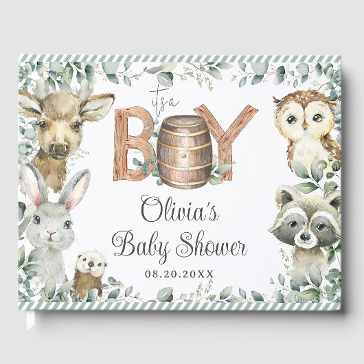 Rustic Woodland Animals Greenery Boy Baby Shower ゲストブック (正面)