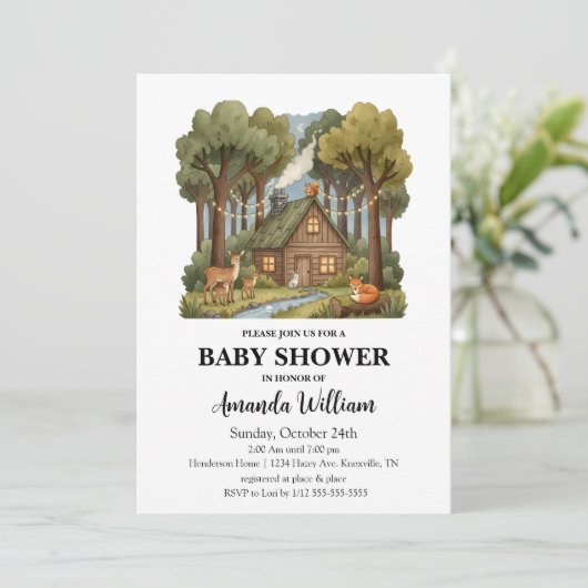 Rustic Woodland Cabin Forest Animals Baby Shower 招待状 (スタンド正面)